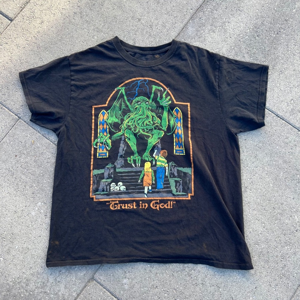 Steven Rhodes Trust in God Cthulhu Graphic T-Shirt Black Mens Large Humor Tee